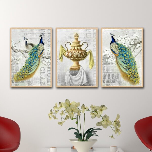 

3pcs Peacock Print Unframed Painting, Multicolor