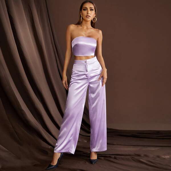 

Satin Tube Top & Wide Leg Pants, Lilac purple