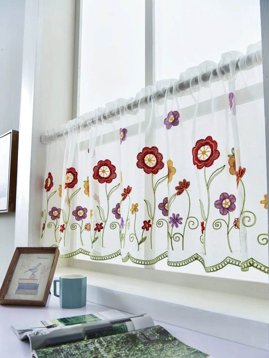 Flower Embroidery Sheer Valance - Multicolor - View 1