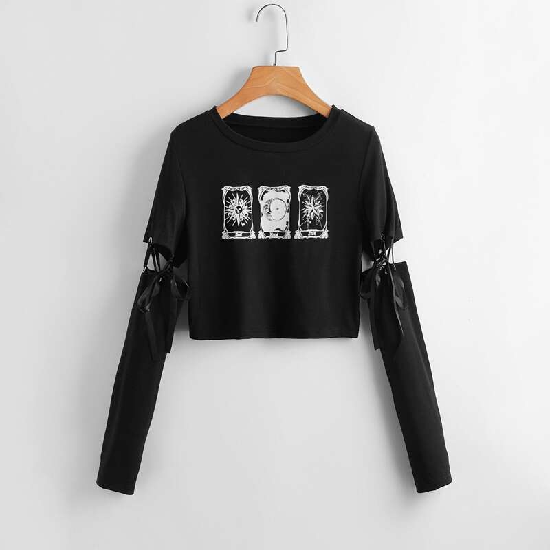 

Letter Sun & Moon Graphic Knot Crop Tee, Black