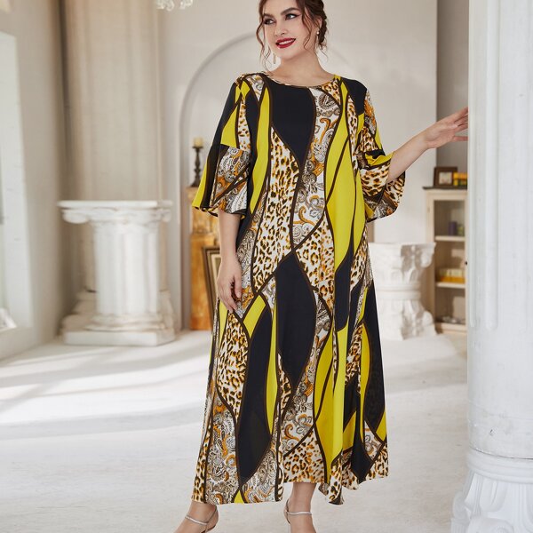 

Plus Scroll And Leopard Print Color Block Trumpet Sleeve Dress, Multicolor