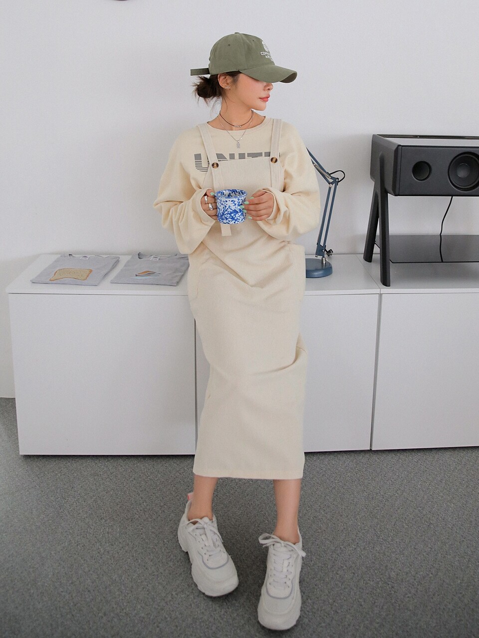 Patched Pocket Side Corduroy Overall Dress