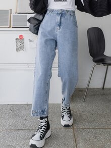 DAZY 標籤細節直筒牛仔褲 - 中等水洗藍 - 查看 3