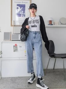 DAZY 標籤細節直筒牛仔褲 - 中等水洗藍 - 查看 4