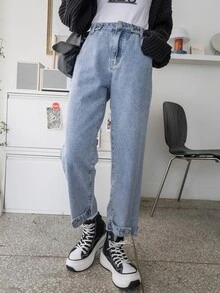 DAZY 標籤細節直筒牛仔褲 - 中等水洗藍 - 查看 6