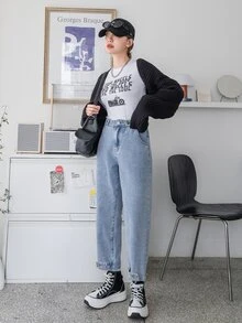 DAZY 標籤細節直筒牛仔褲 - 中等水洗藍 - 查看 7