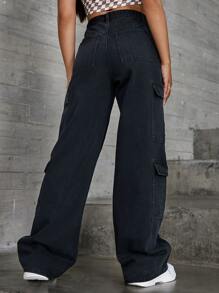 SHEIN ICON 拉鏈門襟翻蓋口袋男友牛仔褲 - 黑色 - 查看 2