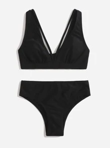 Tween Girl V Neck Bikini Set Summer Beach - Black - View 1