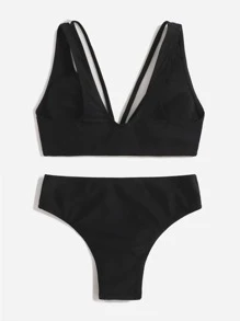 Tween Girl V Neck Bikini Set Summer Beach - Black - View 2