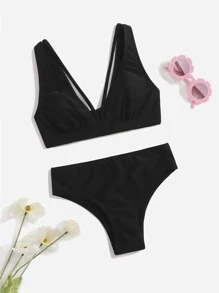 Tween Girl V Neck Bikini Set Summer Beach - Black - View 5
