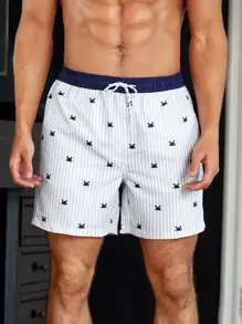 Manfinity Men Striped & Crab Print Drawstring Waist Swim Trunks - White - View 1