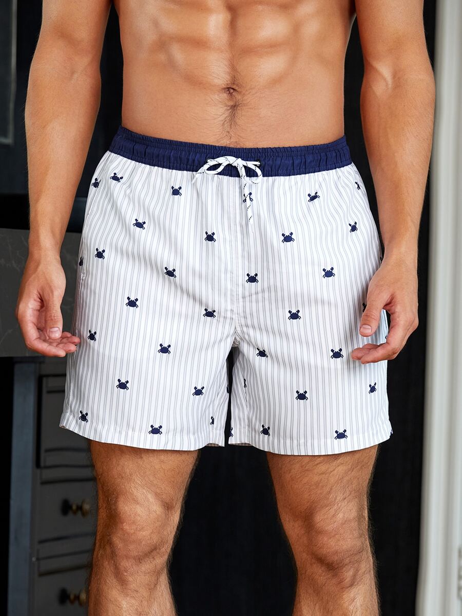 Manfinity Men Striped & Crab Print Drawstring Waist Swim Trunks - White - View 1