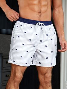 Manfinity Men Striped & Crab Print Drawstring Waist Swim Trunks - White - View 4