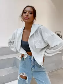 SHEIN Unity Flap Pocket Drop Shoulder Drawstring Hooded Jacket - Light Grey - View 3