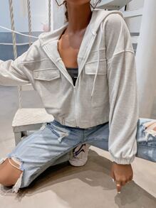 SHEIN Unity Flap Pocket Drop Shoulder Drawstring Hooded Jacket - Light Grey - View 4