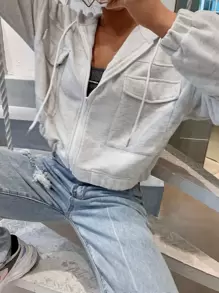 SHEIN Unity Flap Pocket Drop Shoulder Drawstring Hooded Jacket - Light Grey - View 6