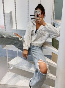 SHEIN Unity Flap Pocket Drop Shoulder Drawstring Hooded Jacket - Light Grey - View 7