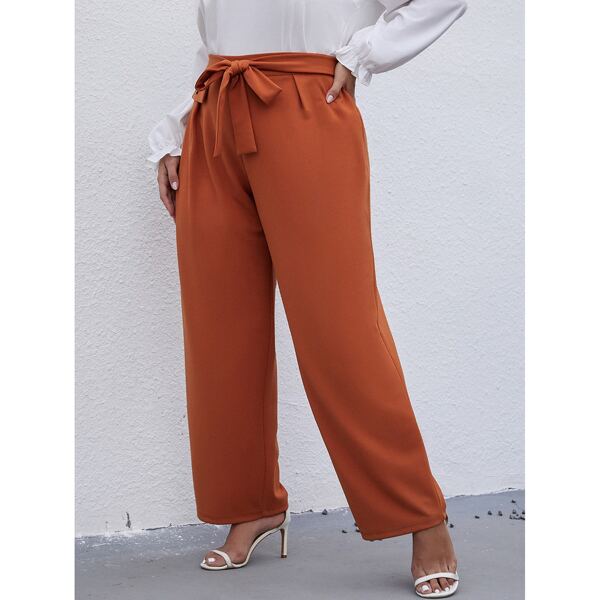 

Plus Flap Detail Belted Wide Leg Pants, Rust brown