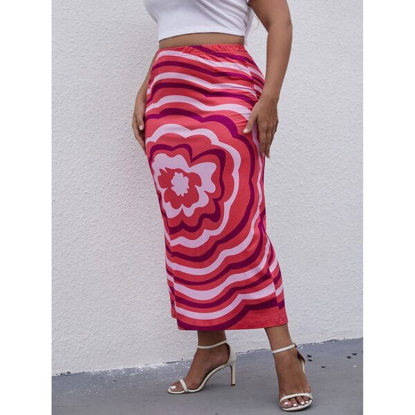 

Plus Floral Print Slit Hem Tie Back Skirt, Multicolor