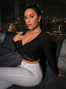 SHEIN SXY Spring And Summer Deep V-Neck Contrasting Lace Hem Tight And Sexy Short T-Shirt - Black - View 4