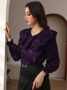 Ruffle Trim Flounce Sleeve Fuzzy Blouse - Violet Purple - View 1