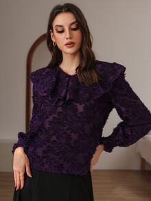 Ruffle Trim Flounce Sleeve Fuzzy Blouse - Violet Purple - View 3
