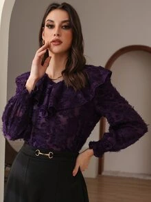 Ruffle Trim Flounce Sleeve Fuzzy Blouse - Violet Purple - View 4