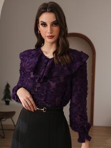 Ruffle Trim Flounce Sleeve Fuzzy Blouse - Violet Purple - View 5