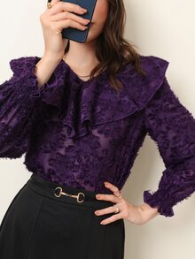 Ruffle Trim Flounce Sleeve Fuzzy Blouse - Violet Purple - View 6
