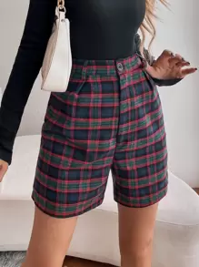 High Waist Tartan Shorts - Multicolor - View 1