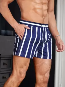 ZELFYO 男士条纹抽绳腰泳裤休闲度假泳池短裤，夏威夷风 - 藏蓝色 - 查看 4