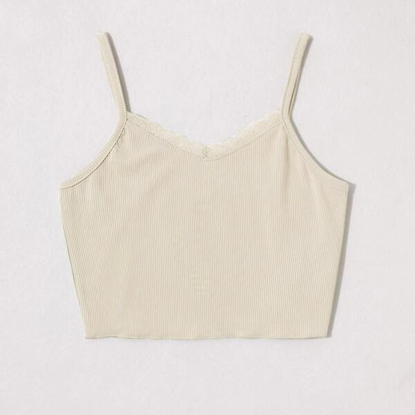 

Lace Trim Rib-knit Crop Cami Top, Apricot