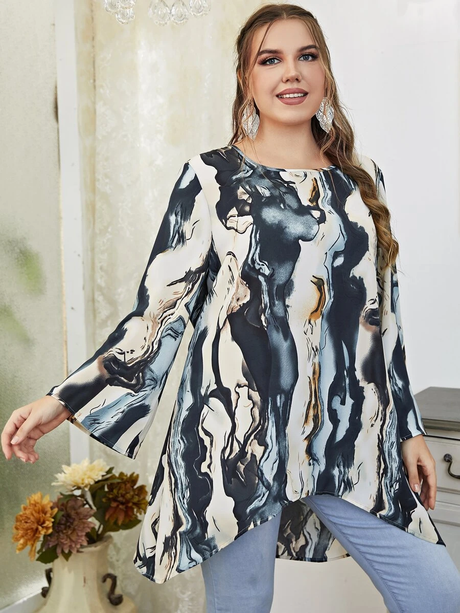 SHEIN LUNE Plus Graphic Print High Low Hem Blouse - Multicolor - View 1