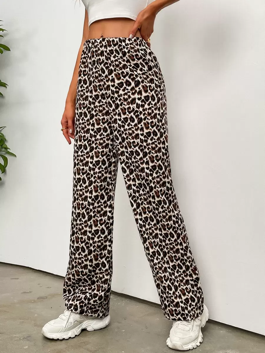 Leopard Print Wide Leg Trousers - Multicolor - View 1