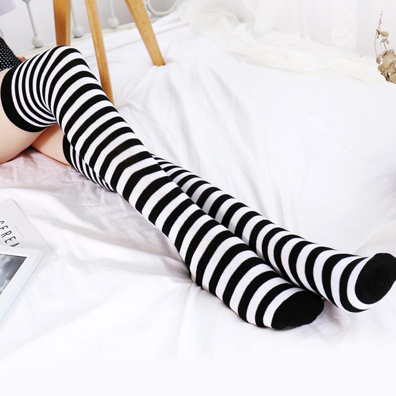 

Striped Pattern Over The Knee Socks, Black and white