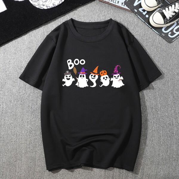 

Men Halloween Letter And Ghost Print Tee, Black