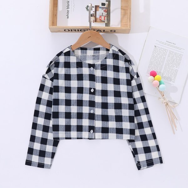 

Girls Buffalo Plaid Drop Shoulder Jacket, Black and white