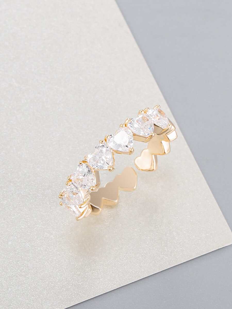 方晶鋯石愛心裝飾戒指 - 金黃色 - 查看 1
