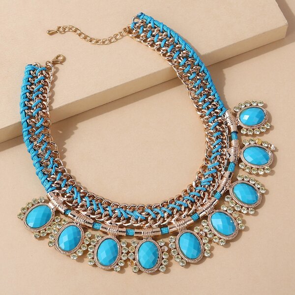 

Rhinestone Detail Chain Necklace, Blue