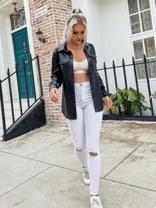 Flap Pocket PU Leather Shirt