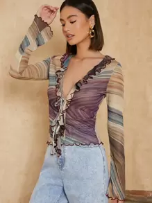 SHEIN Privé Marble Print Ruffle Trim Tie Front Lettuce Trim Mesh Top