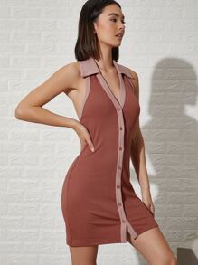 SHEIN Đầm Lộ Lưng Tương phản ràng buộc Nút phía trước Gợi cảm - Rỉ Nâu - Xem 4