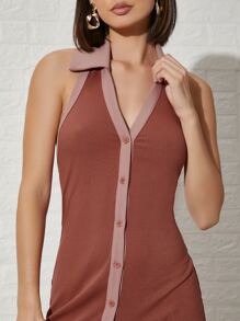 SHEIN Đầm Lộ Lưng Tương phản ràng buộc Nút phía trước Gợi cảm - Rỉ Nâu - Xem 5