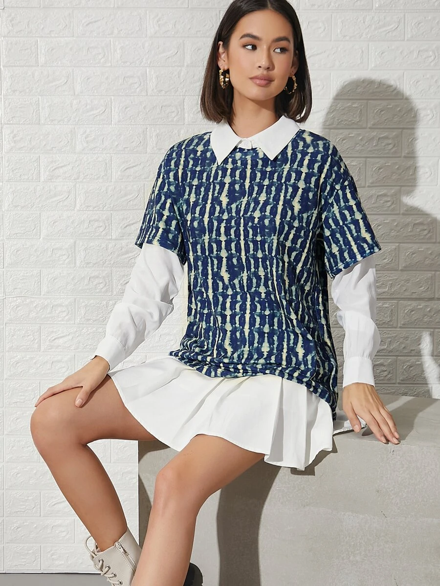 SHEIN Tie Dye Contrast Collar 2 In 1 Shirt - Multicolor - View 1