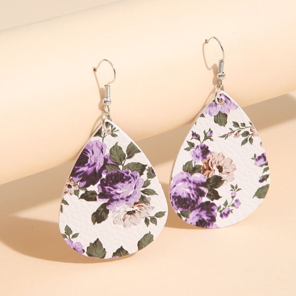 

Flower Print Water Drop Earrings, Purple