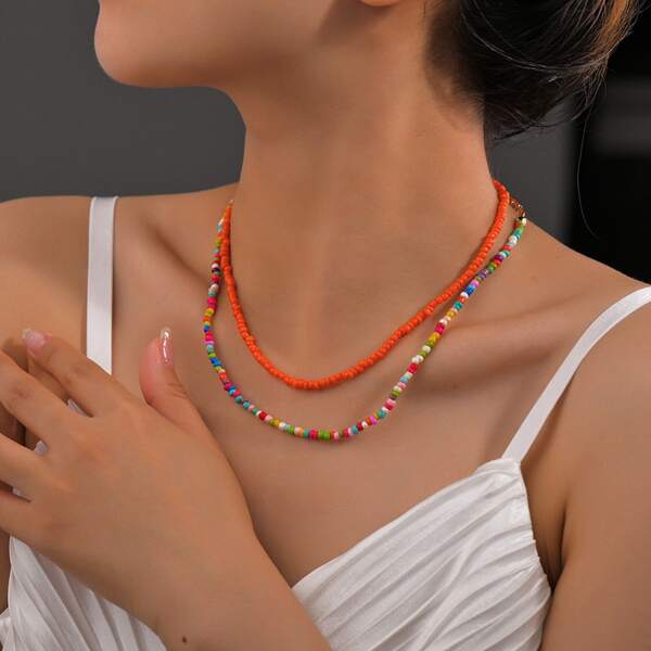 

2pcs Simple Beaded Necklace, Multicolor