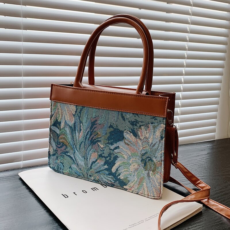 

Double Handle Floral Pattern Satchel Bag, Brown
