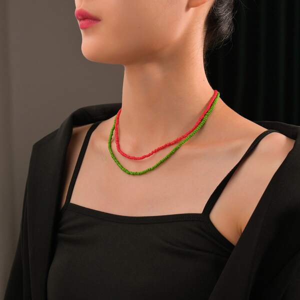 

2pcs Beaded Necklace, Multicolor