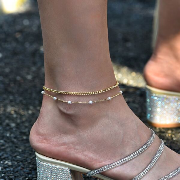 

2pcs Faux Pearl Decor Anklet, Gold
