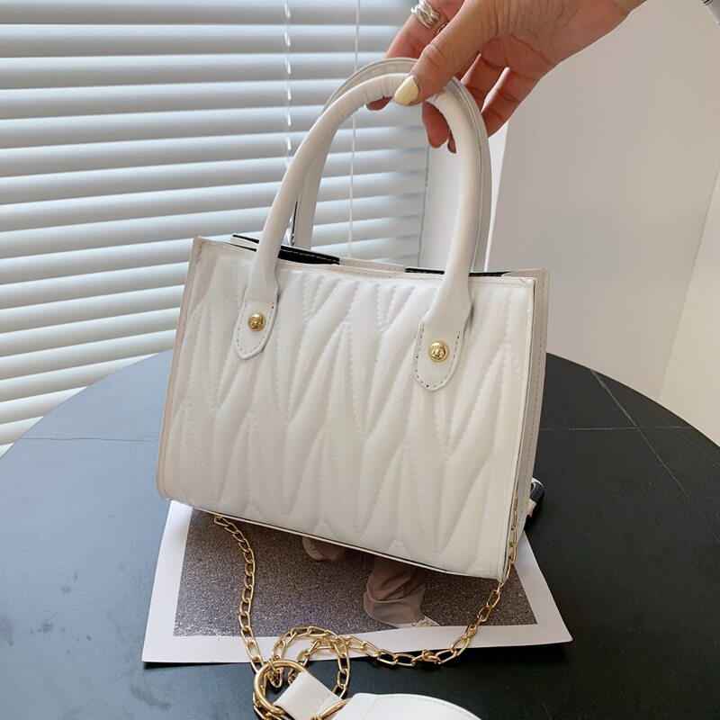 

Solid Quilted Chain Satchel Bag, White
